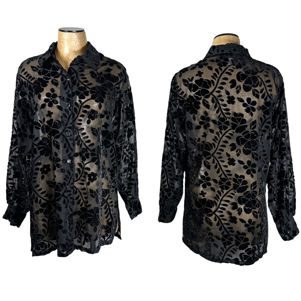Marisol Womens Black Burnout‎ Velvet Floral Sheer Button Up Shirt Top Small